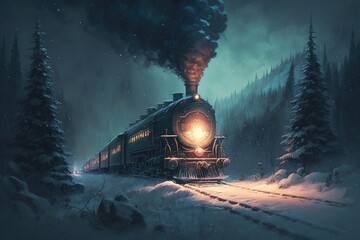 Fototapeta na wymiar Illustration of an old steam train driving across the winter landscape. Fantasy train concept. Generative AI