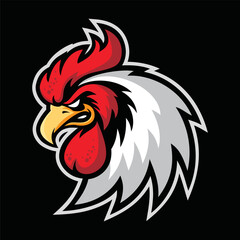 Rooster head mascot logo isolated on black background, vector illustration of a angry rooster head
