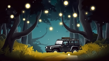 offroad car 4x4 adventure in magical forest surrounded by fireflies, High detail, hyper realistic, white background. Created with Generative AI technology.
