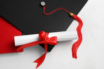 Diploma with red ribbon and graduation hat on white table