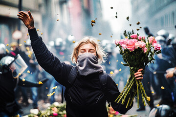 Flower protester during the revolution of flowers - generative AI - obrazy, fototapety, plakaty