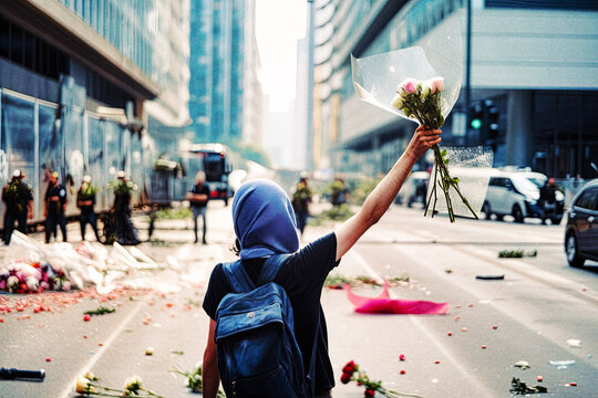 Flower protester during the revolution of flowers - generative ai