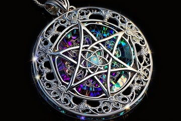 Astral Pendant of Powers – Entrancing Silver Stars Embedded In Iridescent Gemstones Generative AI