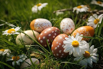 group of colorful eggs lying in a lush green field. Generative AI
