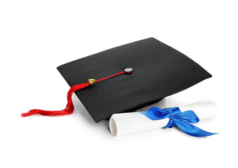 Diploma with blue ribbon and graduation hat isolated on white background
