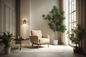 Cream colored living room with armchair. Generative AI