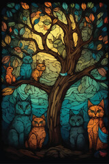 Cute cat family vector illustration. Stained glass style.
