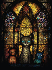Cute cat family vector illustration. Stained glass style.