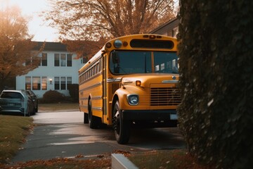 Obraz premium Yellow school bus parked in a street. No people. Generative AI