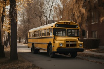Fototapeta na wymiar Yellow school bus parked in a street. No people. Generative AI