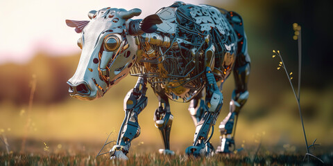 amazing photography of a cyborg cow in the nature, futuristic, robot implants