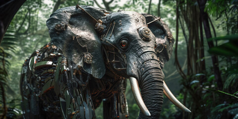 amazing photography of a cyborg elephant in the jungle, jungle, futuristic, robot implants