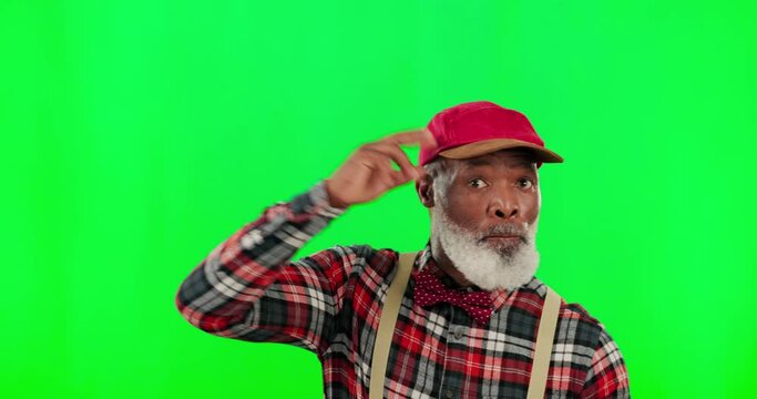 Cellphone, shock and male in a studio with green screen with a mind blowing face expression. Surprise, mockup and African man with wtf, omg or wow gesture with phone isolated by chroma key background