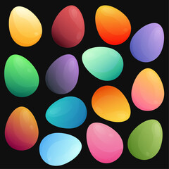 Easter set of simple cartoon gradient multicolored boiled eggs on black background. Happy Easter vector eggs with colorful gradient 