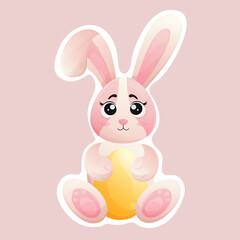 Easter little cute pink cartoon plush bunny with cute eyes and a folded ear and yellow egg in paws. Happy Easter sticker character with boiled colored egg 