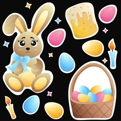 Big easter sticker set with brown bunny with blue bow, wicker basket with colorful eggs, easter cake, candles and stars on black background. Happy Easter stickers for print with cute cartoon bunny