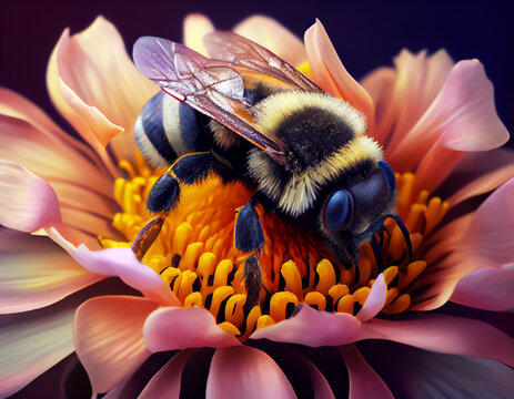 Marco bee pollinating and covered in beautiful flower pollen.Generative Ai