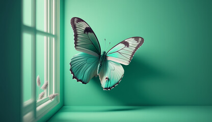 A green wall with a butterfly on it and a window in the background. Generative Ai