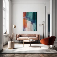 A beautiful sitting or living room in a city apartment with a large picture mock up that can be used as is or replaced with a different artwork. Generative AI. 