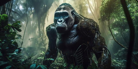 Fototapeta premium amazing photography of a cyborg gorilla in the jungle, jungle, futuristic, robot implants