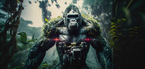 Fototapeta premium amazing photography of a cyborg gorilla in the jungle, jungle, futuristic, robot implants