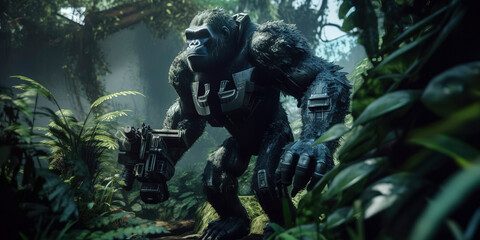 Fototapeta premium amazing photography of a cyborg gorilla in the jungle, jungle, futuristic, robot implants