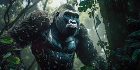 amazing photography of a cyborg gorilla in the jungle, jungle, futuristic, robot implants