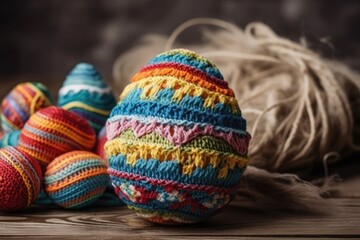 colorful crocheted Easter eggs arranged on a rustic wooden table. Generative AI