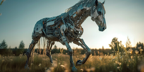 amazing photography of a cyborg horse in the nature, futuristic, robot implants
