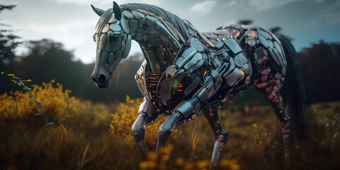 Fototapeta premium amazing photography of a cyborg horse in the nature, futuristic, robot implants