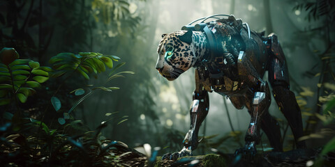 amazing photography of a cyborg jaguar in the jungle, jungle, futuristic, robot implants