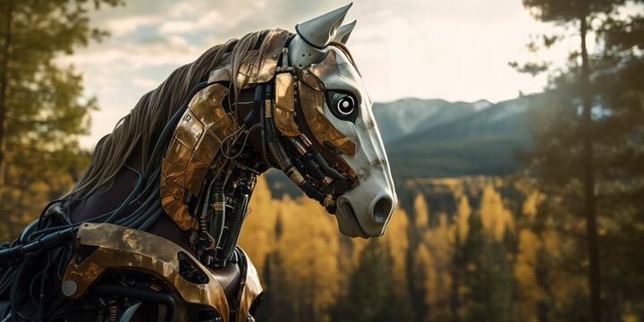 amazing photography of a cyborg horse in the nature, futuristic, robot implants