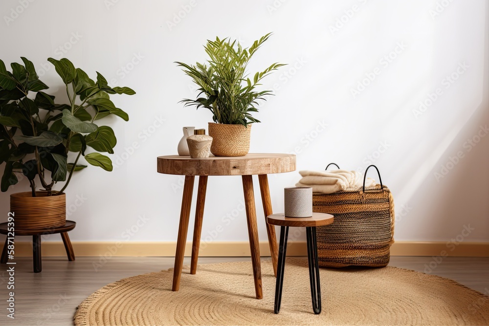 Poster Interior with a potted house plant and a table with things. carpet covering a floor. Generative AI