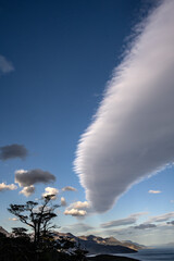 Ushuaia and the Beagle Channel at sunset from the Martial Glacier with mountains and trees backlit.