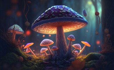 Fototapeta na wymiar Magic mushroom in the forest glowing in the night, generative ai.