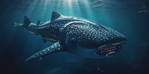 amazing photography of a cyborg Whale in the ocean, sea, futuristic, robot implants