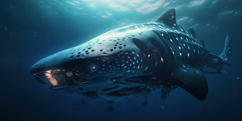 Naklejka premium amazing photography of a cyborg Whale in the ocean, sea, futuristic, robot implants