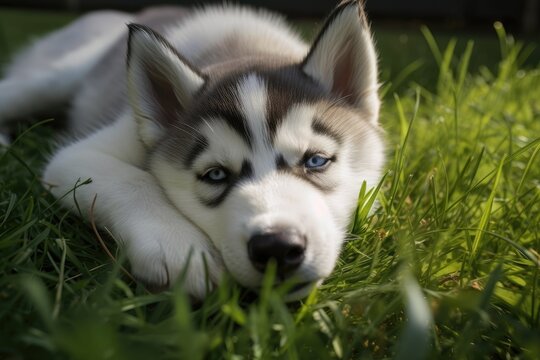 a puppy husky lying down in the grass. Generative AI