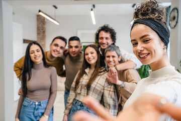 woman caucasian female in front of group of people happy smile at work
