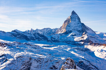 Panoramic view to the majestic Matterhorn mountain in winter, Valais, Switzerland