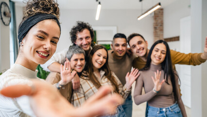 woman caucasian female in front of group of people happy smile at work