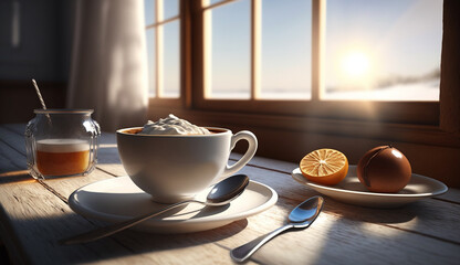 a cup of coffee and chocolate stands on a wooden table near a sunny window. Generative Ai