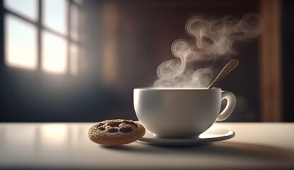 Coffee and cookies on the table with steam coming out of the cup. Generative Ai