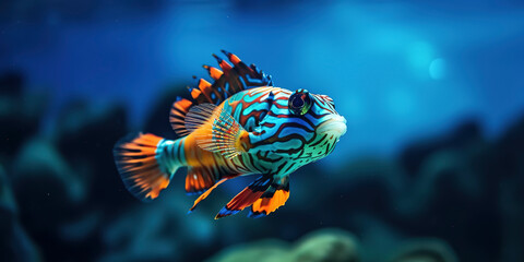 Fototapeta na wymiar amazing photography of majestic colorful Mandarin fish in the ocean.