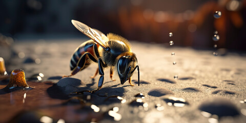 amazing close up of a bee flying over honey