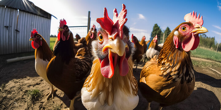 gopro selfie of a group of chickens outside a farm in the sun