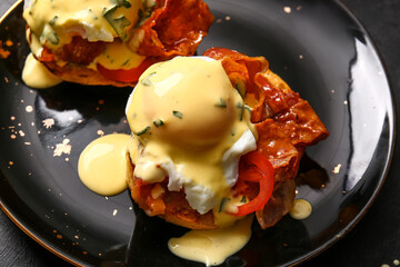 Plate with delicious eggs Benedict, closeup