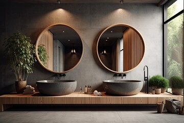 Interior of a minimalist bathroom with dark concrete walls, a black floor, two circular mirrors over each sink, and a wooden bathtub. mock up toned double exposed image. Generative AI