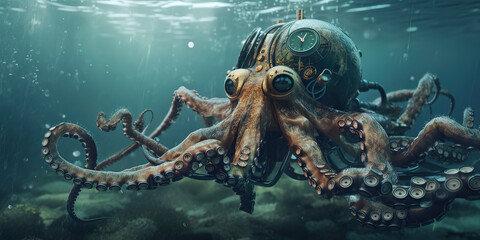 photography of a Steampunk octopus in the ocean, sea, futuristic, cyberpunk implants.