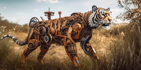 photography of a Steampunk Tiger in nature, nature background, futuristic, cyberpunk implants.